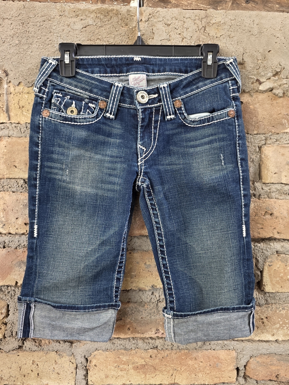 True Religion Josie Thick Stitch Denim Bermuda Shorts Cuffed Low Rise 27 Y2K